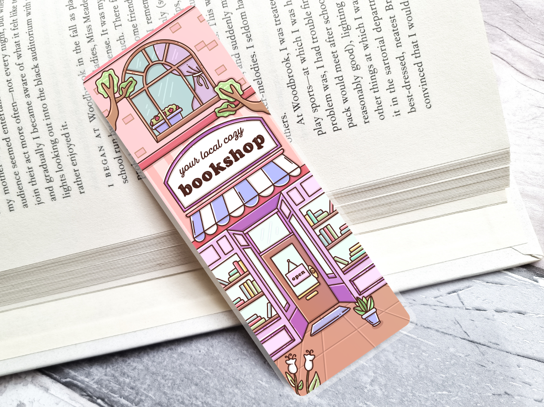 Bookmark with a bookshop illustration on an open book