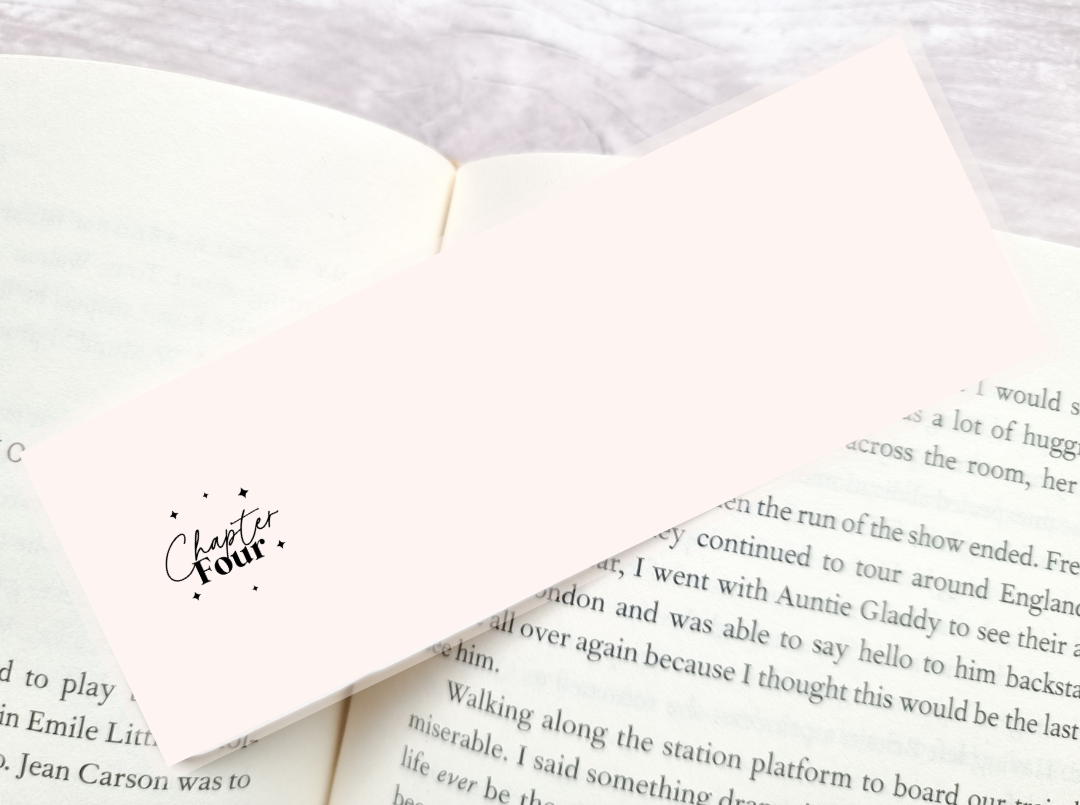 Back of bookmark with shop logo "Chapter Four" text