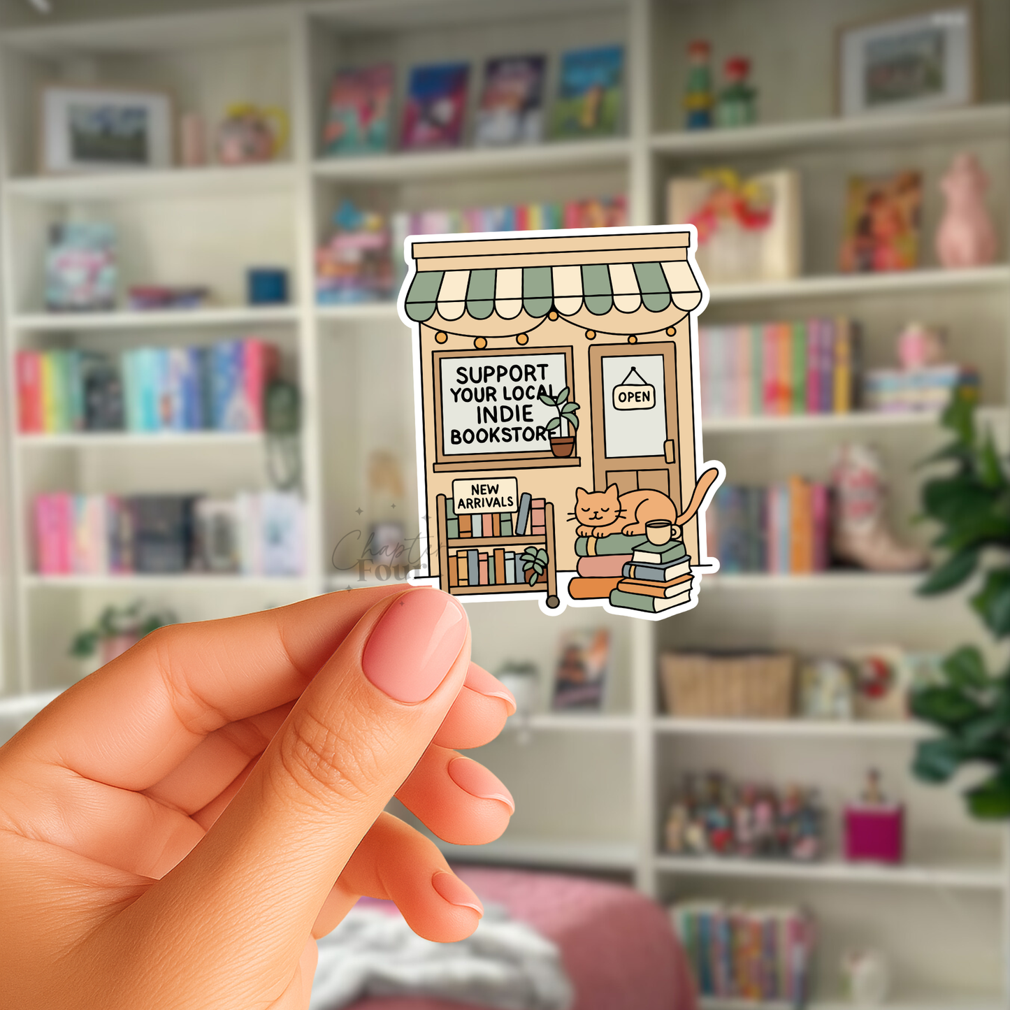 Hand holding a sticker of a bookstore with a cat and books with 'Support your local indie bookstore' text, in front of a bookshelf.