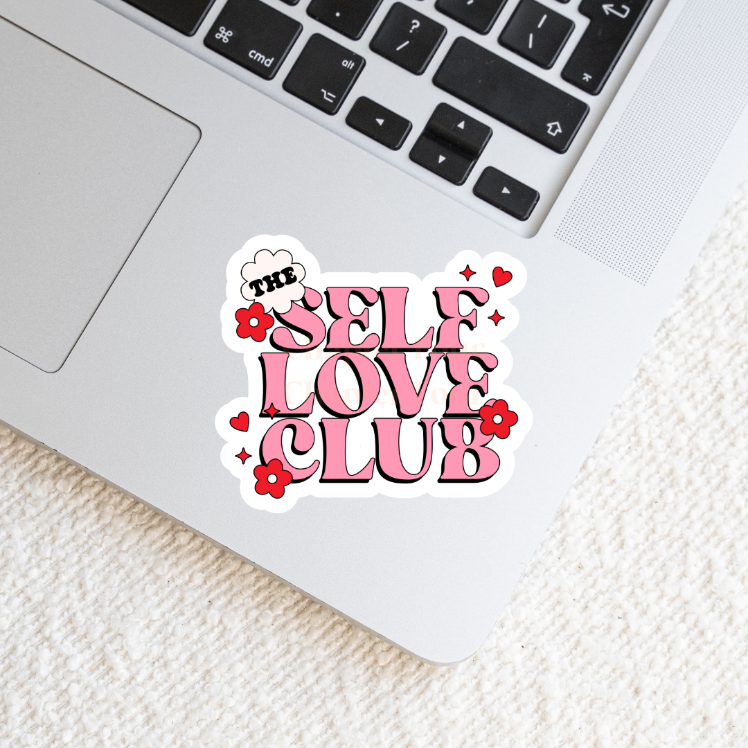 Sticker with 'The Self Love Club' text on a laptop