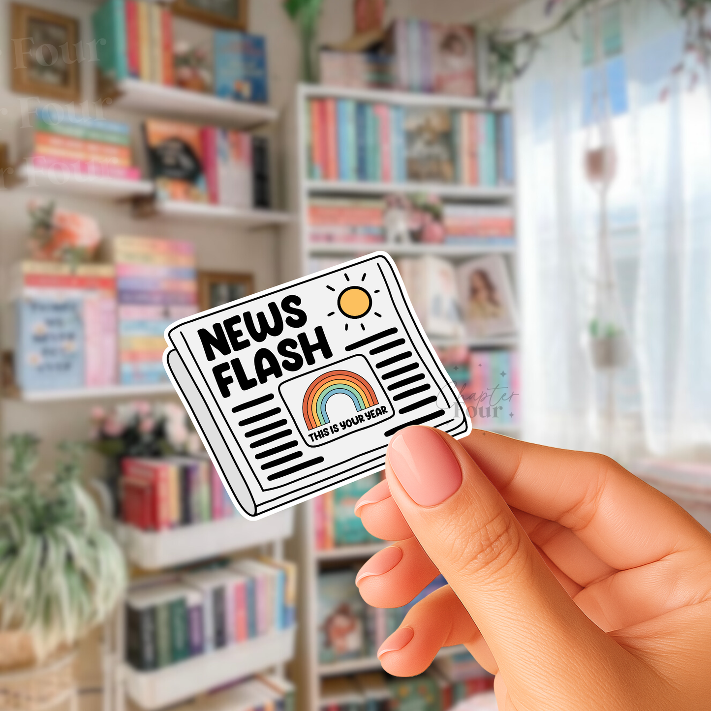 Hand holding a 'NEWS FLASH' sticker with rainbow design in front of bookshelves.