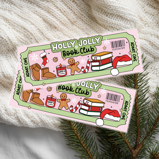 Two Holly Jolly Book Club tickets on a textured surface with Christmas decorations.