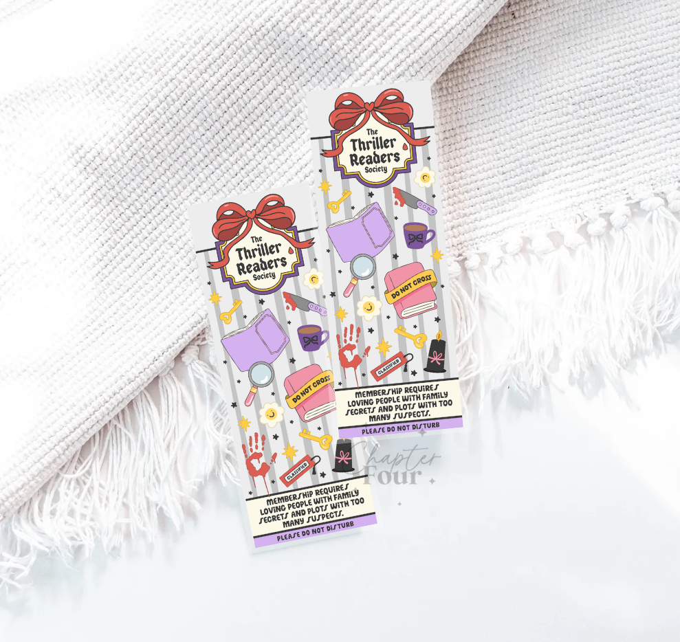 Colorful bookmarks with 'The Thriller Readers Society' design on a white textured background