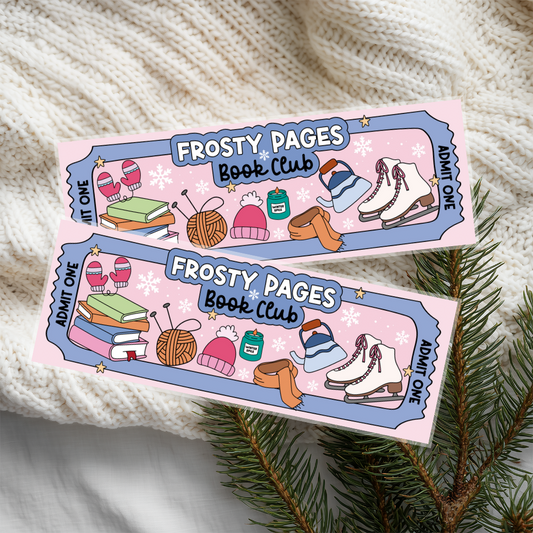 Two 'Frosty Pages Book Club' tickets on a textured surface with Christmas decorations.