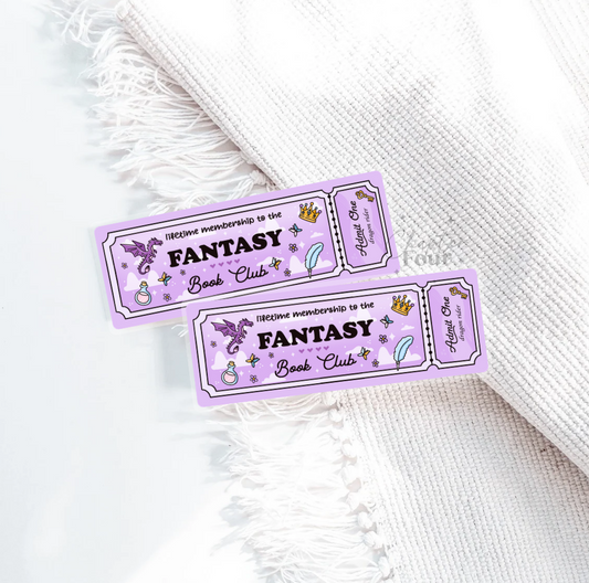 Two purple 'Fantasy Book Club' ticket bookmarks on a white textured surface